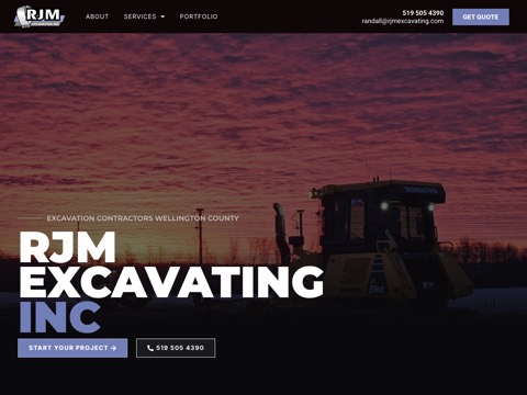 Screenshot of the RJM Excavating inc. homepage, www.rjmexcavating.com, captured 2026-08-13, shown as the evidence for this review