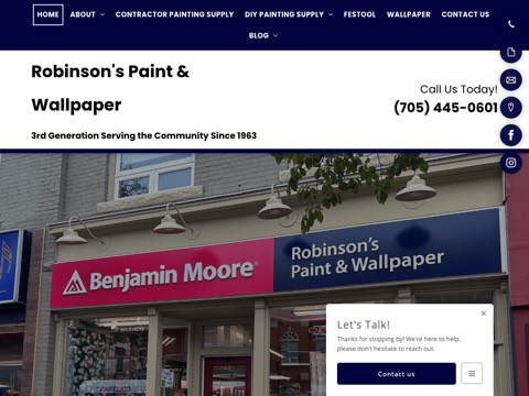 Screenshot of the Robinson's Paint & Wallpaper homepage, www.robinsonspaint.ca, captured 2026-08-19, shown as the evidence for this review