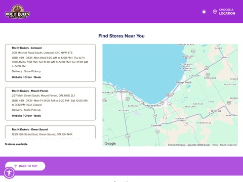 Screenshot of the Roc N Duke’s Pet Supplies Owen Sound homepage, www.rocndukespetsupplies.com:443/find, captured 2026-08-19, shown as the evidence for this review