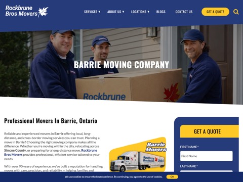 Screenshot of the Rockbrune Bros Movers homepage, www.rockbrune.com/barrie-moving-company, captured 2026-08-19, shown as the evidence for this review