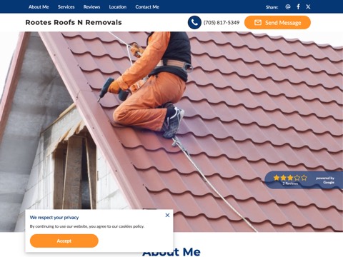 Screenshot of the Rootes Roofs N Removals homepage, rootes-roofs-n-removals.ueniweb.com/?utm_campaign=gmb, captured 2026-08-19, shown as the evidence for this review
