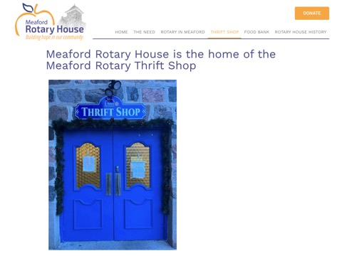 Screenshot of the Rotary Club of Meaford Thrift Shop homepage, meafordrotaryhouse.ca/meaford-rotary-thrift-shop, captured 2026-08-19, shown as the evidence for this review