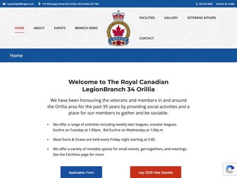 Screenshot of the Royal Canadian Legion homepage at orillialegion.com, captured 2026-08-19, shown as the evidence for the review on this page