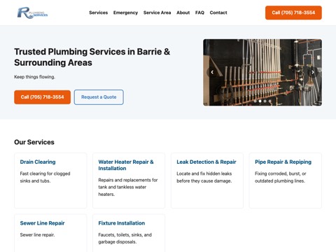 Screenshot of the Rplumbing homepage, rplumbingbarrie.com, captured 2026-08-19, shown as the evidence for this review