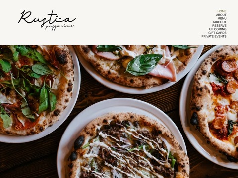 Screenshot of the Rustica Pizza Vino homepage, www.rusticapizzavino.com, captured 2026-08-19, shown as the evidence for this review