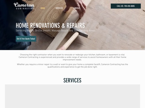 Screenshot of the S. Cameron Contracting homepage, www.camcontracting.ca, captured 2026-08-19, shown as the evidence for this review