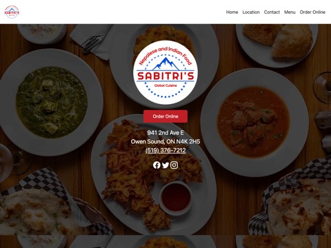 Screenshot of the Sabitri's, Nepalese And Indian Restaurant homepage, sabitrisnepaleseandindianfoodon.com, captured 2026-08-19, shown as the evidence for this review