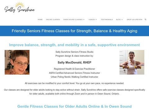 Screenshot of the Sally Sunshine Gentle Fitness website