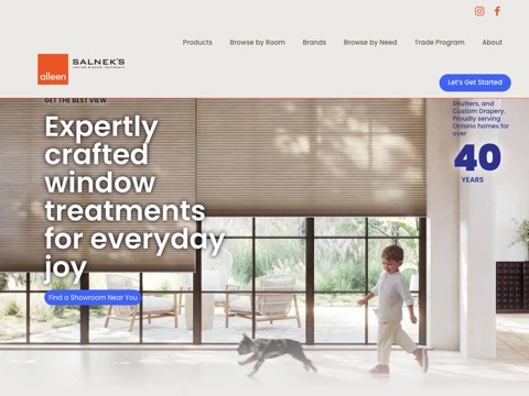 Screenshot of the Salnek's Custom Window Treatments homepage, alleen.com, captured 2026-08-19, shown as the evidence for this review