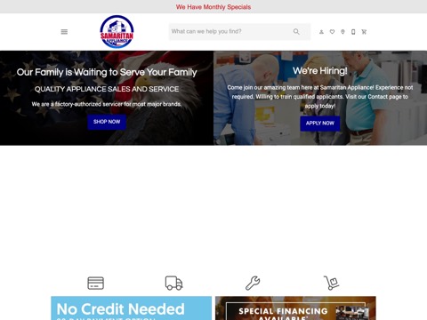 Screenshot of the Samaritan Appliance Sales and Service homepage, www.samaritanappliance.com, captured 2026-08-13, shown as the evidence for this review