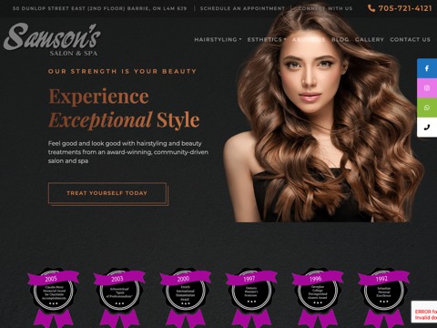Screenshot of the Samson's Salon And Spa |Barrie| Hairstyling salon in Barrie| Hair Color| Straightening|Esthetician|Waxing|Manicure|Pedicure homepage, www.samsonssalon.com, captured 2026-08-19, shown as the evidence for this review
