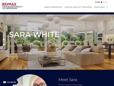 Screenshot of the Sara White, Broker in Collingwood & Blue Mountain - The Property Mom homepage, www.thepropertymom.com, captured 2026-08-13, shown as the evidence for this review