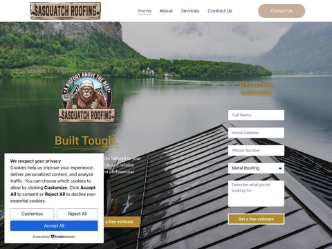 Screenshot of the Sasquatch Roofing homepage, sasquatchroofing.ca, captured 2026-08-19, shown as the evidence for this review