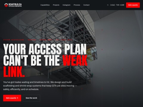 Screenshot of the SCAFFOLD.CA | Scaffolding & Shrink Wrapping (Formerly Bigshow) homepage at scaffold.ca, captured 2026-08-13, shown as the evidence for the review on this page