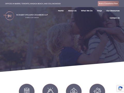 Screenshot of the Scharff Nyland Chambers LLP homepage, sncfamilylaw.com, captured 2026-08-19, shown as the evidence for this review