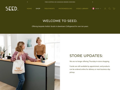 Screenshot of the Seed Holistic Facial Clinic website