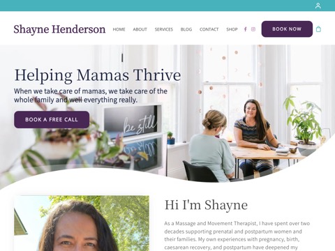 Screenshot of the Shayne Henderson, RMT, - Massage & Movement Therapist, Collingwood ON homepage, shaynehenderson.com, captured 2026-08-19, shown as the evidence for this review