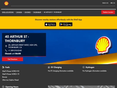 Screenshot of the Shell homepage, find.shell.com/ca/fuel/13272393-40-arthur-st-thornbury, captured 2026-08-13, shown as the evidence for this review