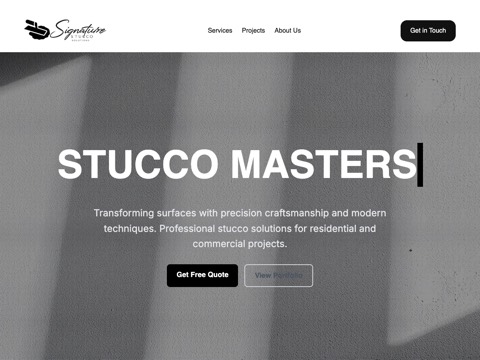 Screenshot of the Signature Stucco Solutions homepage at www.signaturestucco.ca, captured 2026-08-13, shown as the evidence for the review on this page