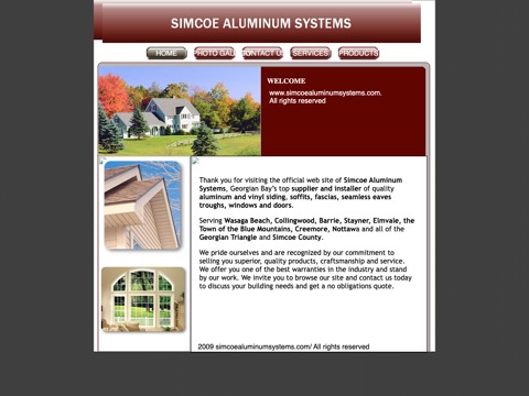 Screenshot of the Simcoe Aluminum Systems website
