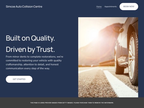 Screenshot of the Simcoe Auto Collision Centre homepage, simcoeautocollisoncentre.com, captured 2026-08-19, shown as the evidence for this review