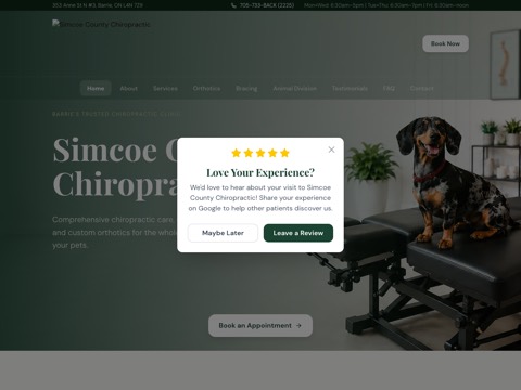 Screenshot of the Simcoe County Chiropractic Clinic homepage, 733back.com, captured 2026-08-19, shown as the evidence for this review