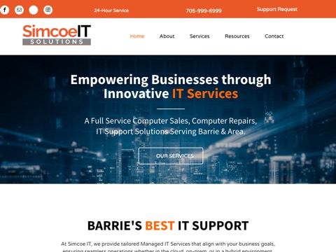 Screenshot of the Simcoe IT Solutions Inc homepage, www.simcoeitsolutions.ca, captured 2026-08-19, shown as the evidence for this review