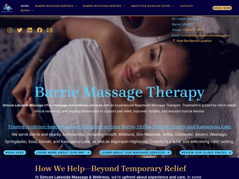 Screenshot of the Simcoe Lakeside Massage & Wellness homepage, simcoelakesidemassage.ca, captured 2026-08-19, shown as the evidence for this review