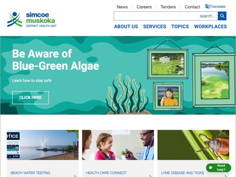 Screenshot of the Simcoe Muskoka District Health Unit homepage, www.simcoemuskokahealth.org, captured 2026-08-19, shown as the evidence for this review