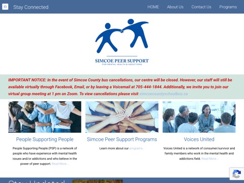 Screenshot of the Simcoe Peer Support for Mental Health & Addictions homepage, mentalhealthandaddictions.com, captured 2026-08-19, shown as the evidence for this review