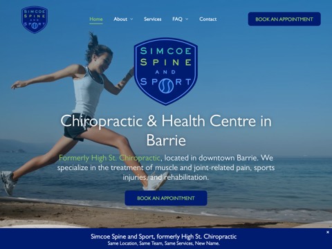 Screenshot of the Simcoe Spine and Sport homepage, www.simcoespineandsport.ca, captured 2026-08-19, shown as the evidence for this review