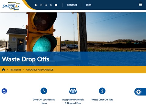 Screenshot of the Simcoe Waste Management Site homepage, simcoe.ca/residents/organics-recycling-and-garbage/waste-drop-offs, captured 2026-08-19, shown as the evidence for this review