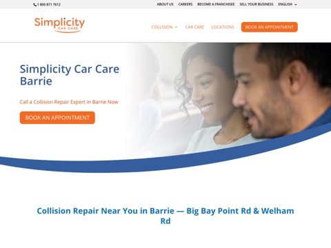 Screenshot of the Simplicity Car Care Barrie homepage, simplicitycc.com/auto-collision-center-locations/simplicity-car-care-barrie, captured 2026-08-19, shown as the evidence for this review