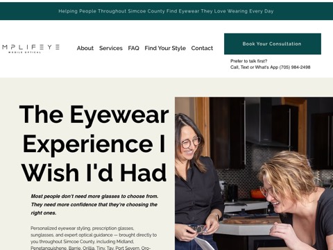 Screenshot of the Simplifeye Optical homepage, www.simplifeyeoptical.ca/?utm_source=google&utm_medium=wix_google_business_profile&utm_campaign=9761999925835013759, captured 2026-08-13, shown as the evidence for this review