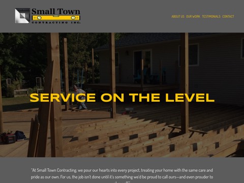 Screenshot of the Small Town Contracting Inc homepage, www.smalltowncontracting.com, captured 2026-08-19, shown as the evidence for this review