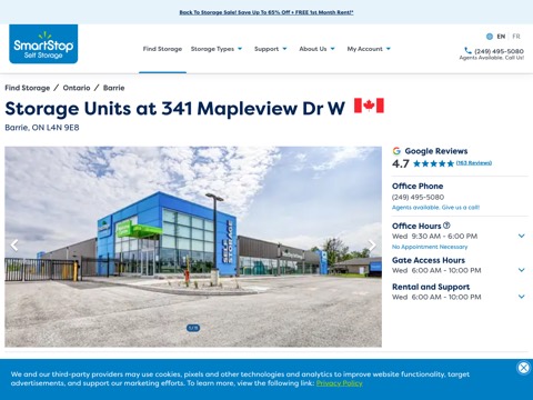 Screenshot of the SmartStop Self Storage homepage, smartstopselfstorage.com/find-storage/on/barrie/341-mapleview-dr-w?utm_source=google&utm_medium=map&web_src=gmap&y_source=1_MTA5Nzg4MzgzNy03MTUtbG9jYXRpb24ud2Vic2l0ZQ%3D%3D, captured 2026-08-19, shown as the evidence for this review