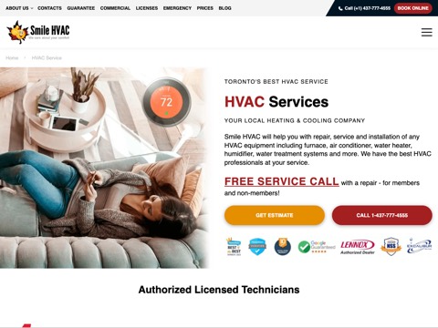 Screenshot of the Smile HVAC homepage, smilehvac.ca/hvac-service, captured 2026-08-19, shown as the evidence for this review