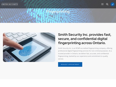 Screenshot of the Smith Fingerprinting Services - Fingerprint Services Near Me homepage at smithsecurity.ca/fingerprinting, captured 2026-08-19, shown as the evidence for the review on this page