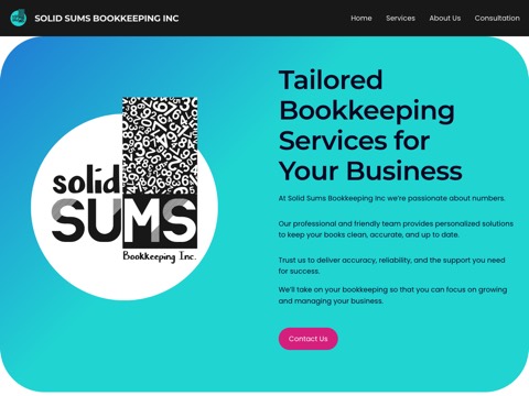 Screenshot of the Solid Sums Bookkeeping Inc. homepage, solidsums.com, captured 2026-08-19, shown as the evidence for this review