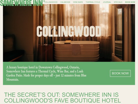 Screenshot of the Somewhere Inn Collingwood homepage, somewhereinn.ca/collingwood/?utm_source=GMB&utm_medium=GMB&utm_campaign=Collingwood, captured 2026-08-19, shown as the evidence for this review