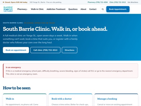 Screenshot of the South Barrie Walk-In Clinic, Addiction Treatment & Family Practice homepage, www.barriepeoplespharmacy.ca/clinic, captured 2026-08-19, shown as the evidence for this review