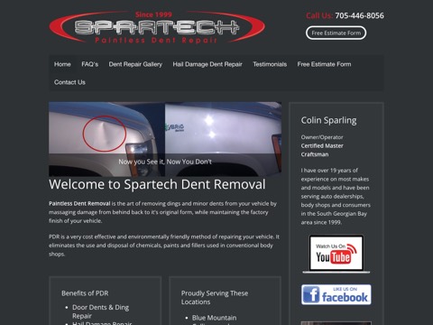 Screenshot of the SparPdr Inc. Spartech Paintless Dent Repair homepage at www.sparpdr.com, captured 2026-08-19, shown as the evidence for the review on this page