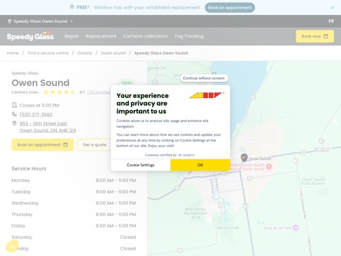 Screenshot of the Speedy Glass Owen Sound website