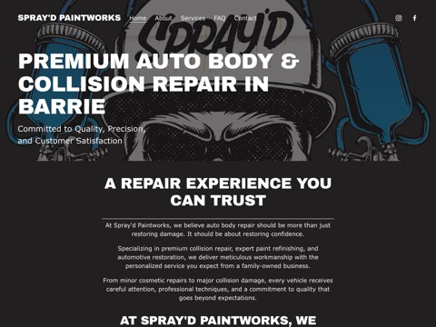 Screenshot of the Spray'd Paintworks homepage, www.spraydpaintworks.com, captured 2026-08-19, shown as the evidence for this review