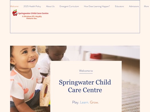 Screenshot of the Springwater Child Care Centre homepage, www.springwaterchildcare.ca, captured 2026-08-19, shown as the evidence for this review