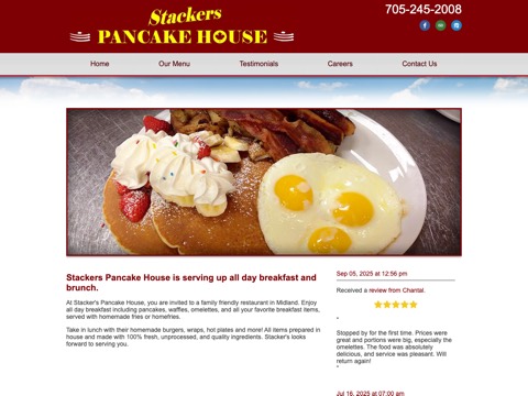 Screenshot of the Stackers Pancake House homepage, stackersmidland.com, captured 2026-08-19, shown as the evidence for this review