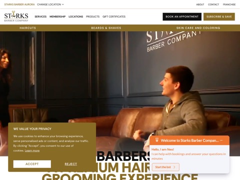 Screenshot of the Starks Barber Company homepage, starksbarbercompany.com, captured 2026-08-19, shown as the evidence for this review