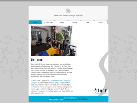 Screenshot of the Starr Health & Fitness homepage, www.starrhealth.ca, captured 2026-08-19, shown as the evidence for this review