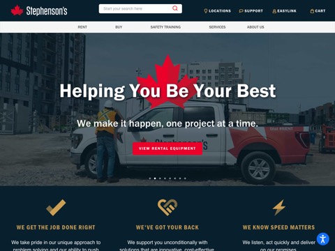 Screenshot of the Stephenson's Rental Services homepage at www.stephensons.ca, captured 2026-08-13, shown as the evidence for the review on this page