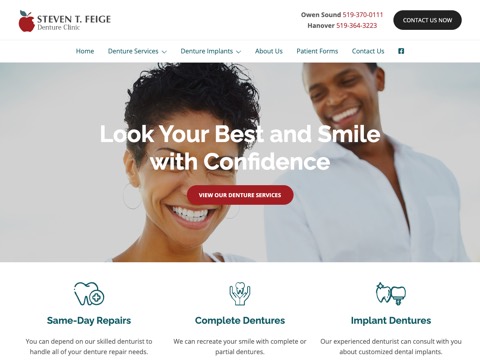 Screenshot of the Steven T. Feige Denture Clinic homepage, feigedenture.ca, captured 2026-08-19, shown as the evidence for this review